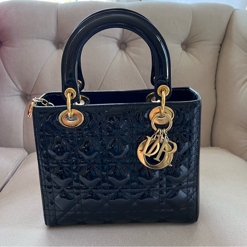 Dior Patent Cannage quilted medium Lady Dior in Black with gold hardware